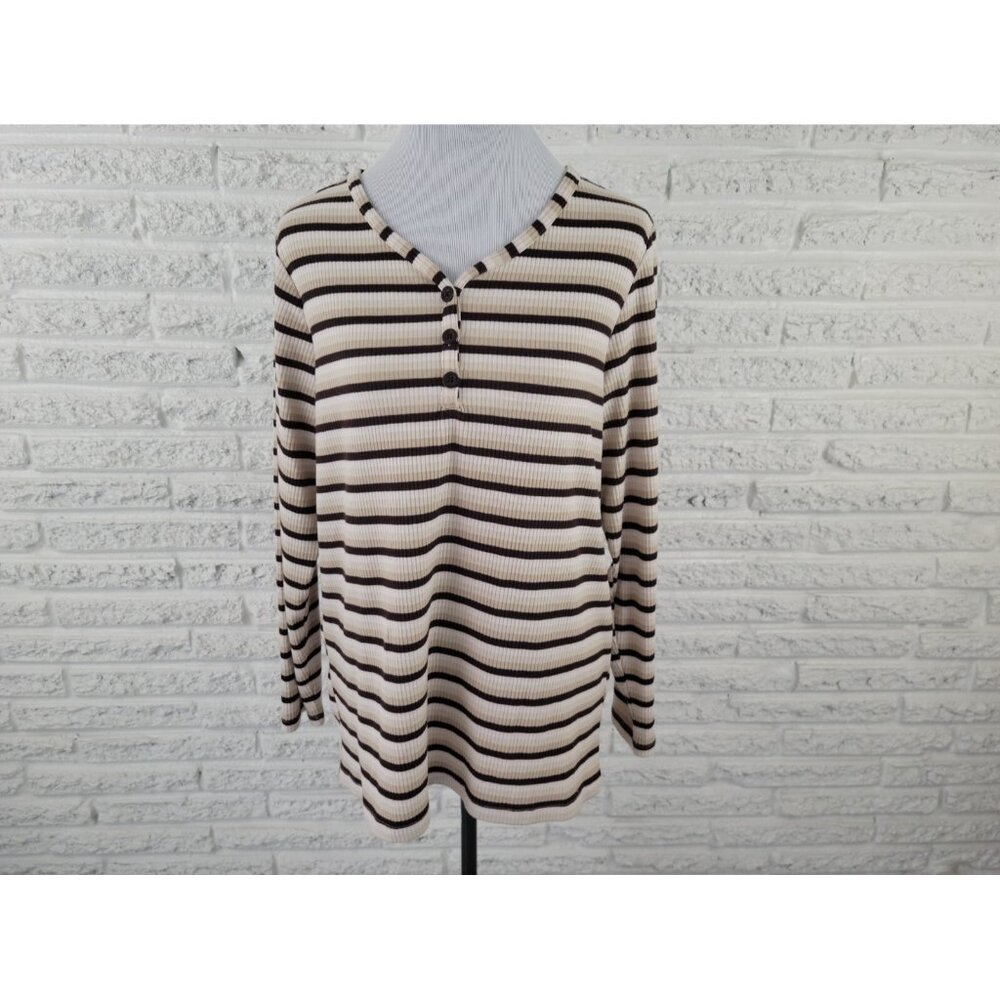 CJ Banks Women Top X Extra Large Knit 1/4 Button Brown Stripe STR168E